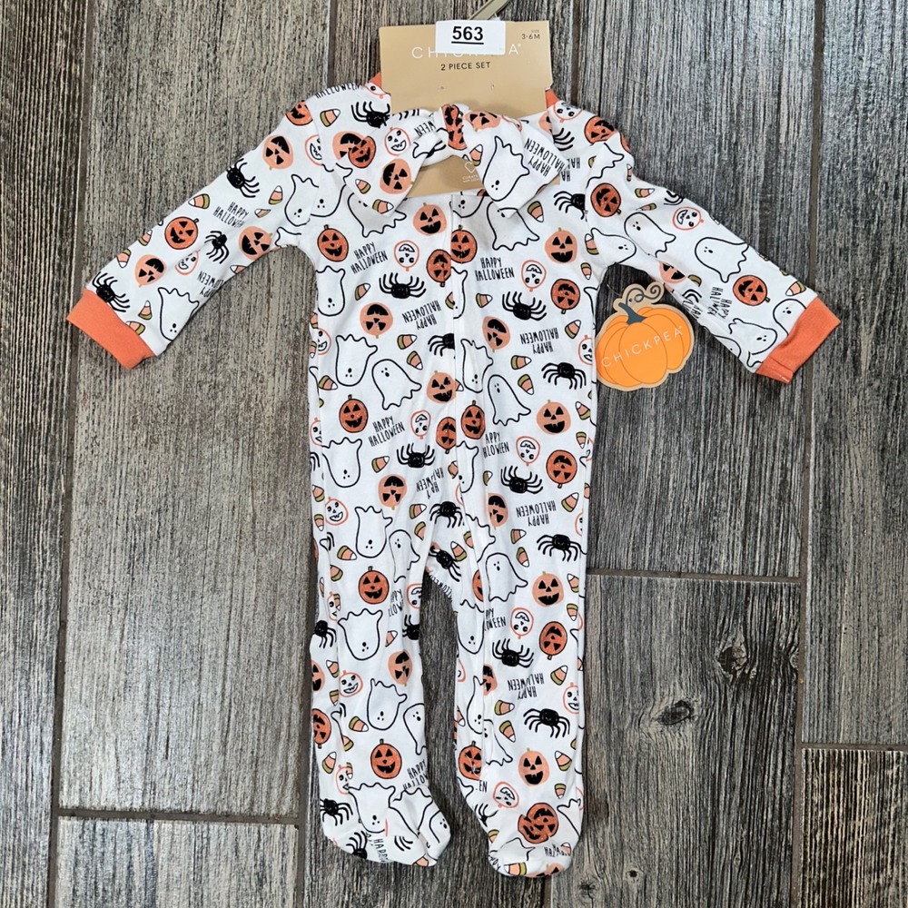 Chickpea Baby Halloween Footed Pajamas 2 Piece Set‎ 3-6M Pumpkins Ghosts